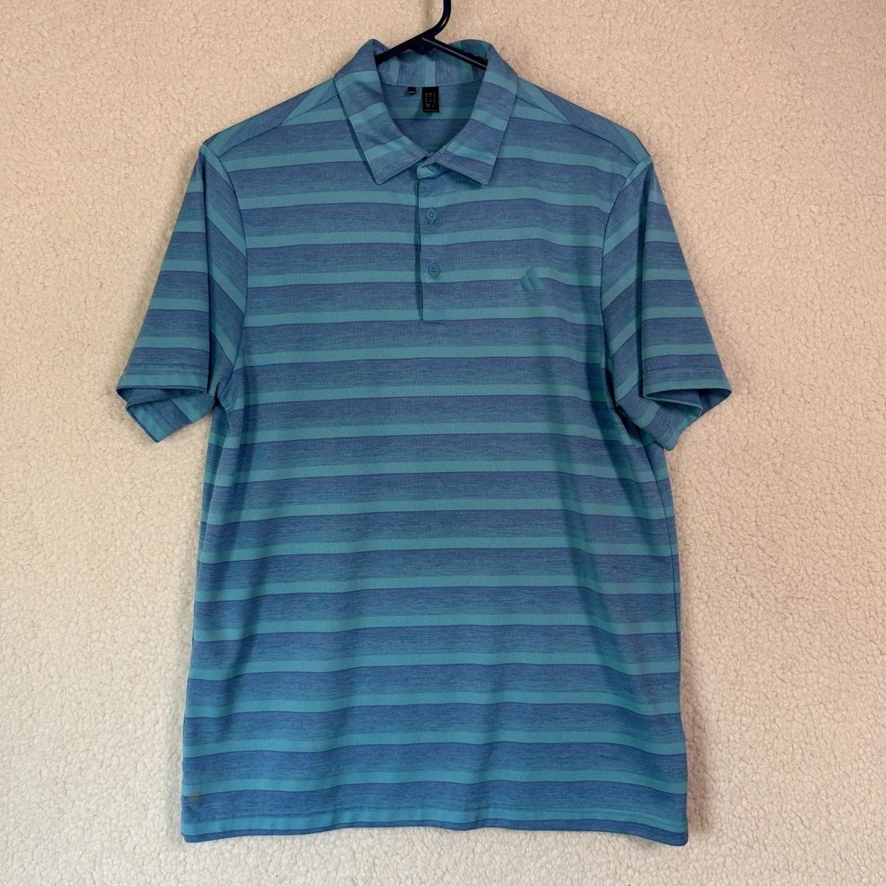 Adidas Golf Polo Shirt Men's Medium Blue Green Striped Performance Stretch‎